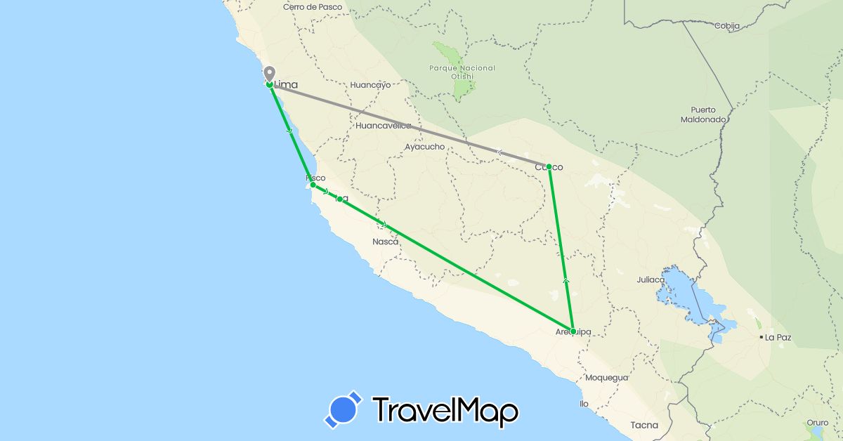 TravelMap itinerary: driving, bus, plane in Peru (South America)